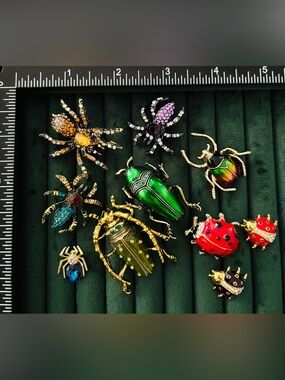 Lot 10 Vintage Style Insect Beetle Spider Brooches Pins Gold Tone Rhinestone